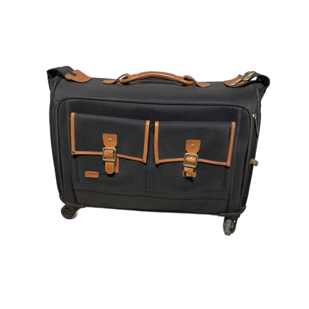 Hartmann Black Rolling Garment Bag w/Tan Leather Trim & Gold Satin Interior